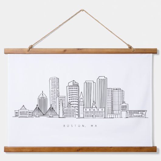 Minimalistische Skyline-Illustration in Boston Cit Wandteppich Mit Holzrahmen (Vorne)