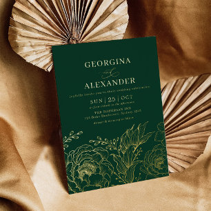 Minimalistische Smaragdgrüne Goldene Florale Hochz Folieneinladung