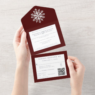 Minimalistische Snowflake-Hochzeit Rot All In One Einladung