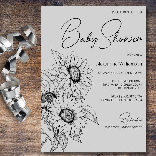 Minimalistische Sonnenblume auf Gray Baby Dusche Einladung