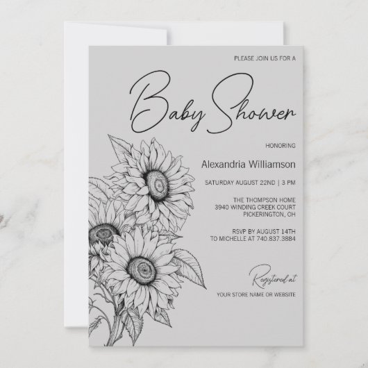 Minimalistische Sonnenblume auf Gray Baby Dusche Einladung (Vorderseite)