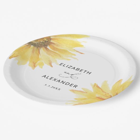 Minimalistische Sonnenblumenhochzeit Pappteller (Schrägansicht)