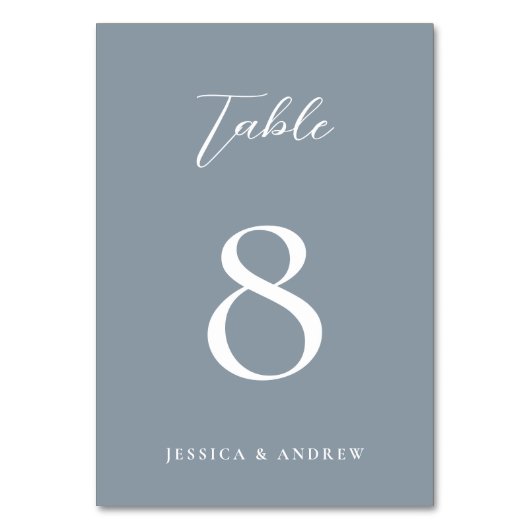 Minimalistische staubblaue und weiße einfache Hoch Tischnummer (Vorderseite)