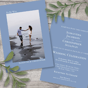 Minimalistische staubblaue vertikale Foto-Hochzeit Einladung