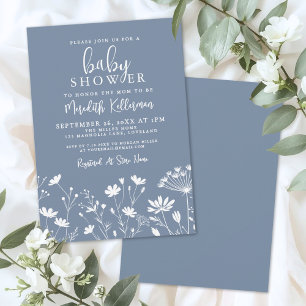 Minimalistische staubblaue Wildblumen-Babyparty Einladung