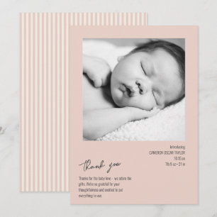 Minimalistische Streifen-Baby-Foto-Rosa-Geburtsanz Dankeskarte
