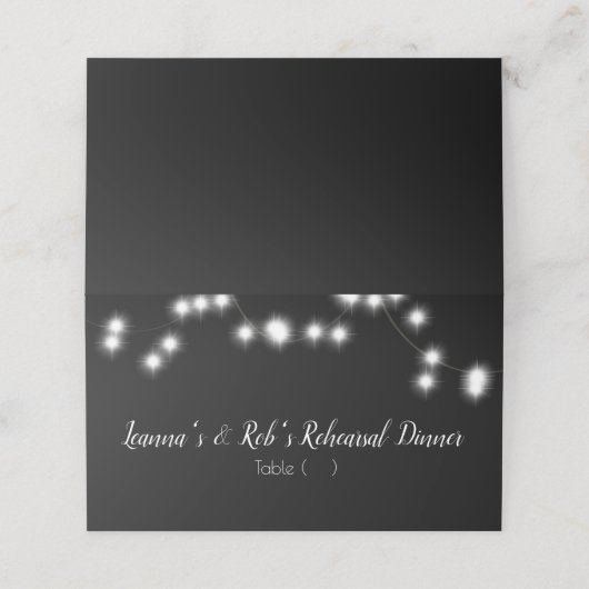 Minimalistische String Lights Black Wedding Probe Platzkarte (Außenseite Aufgefaltet)