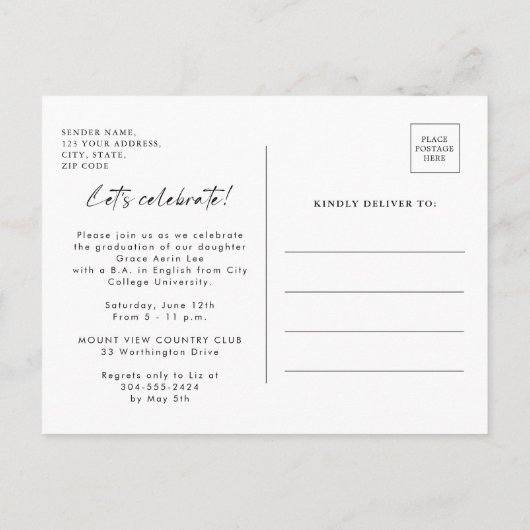 Minimalistische Stylish Foto Graduation Party Einladungspostkarte (Rückseite)