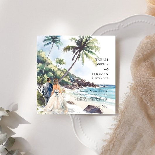 Minimalistische Summer Beach Hochzeit in Urlaubsor Einladung