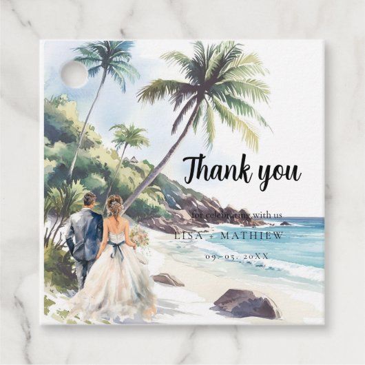 Minimalistische Summer Beach Hochzeit in Urlaubsor Geschenkanhänger (Vorderseite)