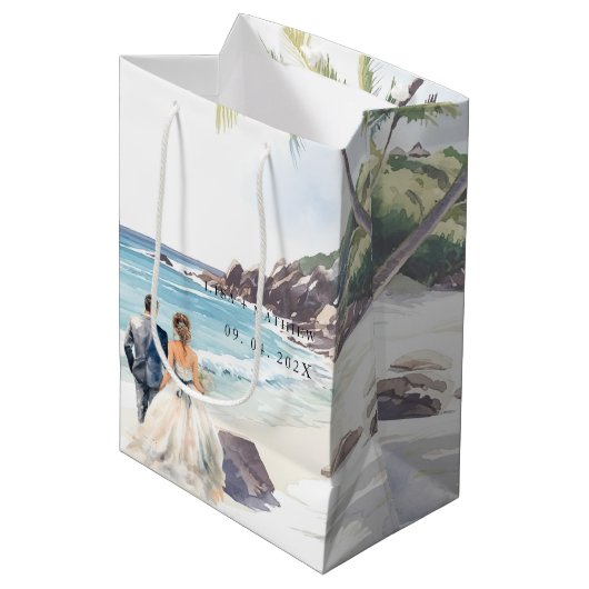 Minimalistische Summer Beach Hochzeit in Urlaubsor Mittlere Geschenktüte (Vorderseite Schrägansicht)