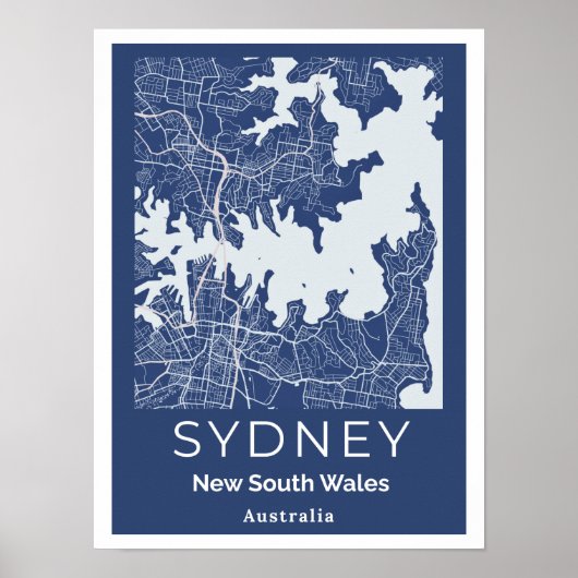 Minimalistische Sydney Map | Moderne blaue Grau-Wa Poster (Vorne)