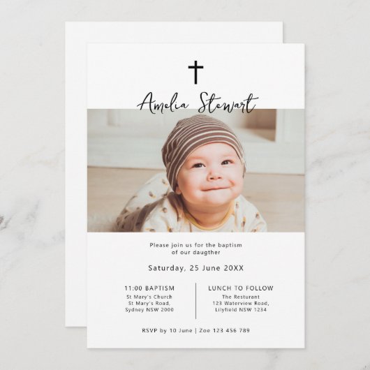 Minimalistische Taufe des Fotos Einladung (Vorne/Hinten)