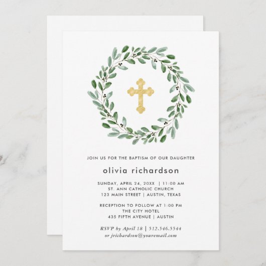 Minimalistische Taufe des Laub-| mit Goldkreuz Einladung (Vorne/Hinten)