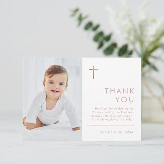 Minimalistische Taufe des modernen Fotos Dankeskarte (Stehend Vorderseite)