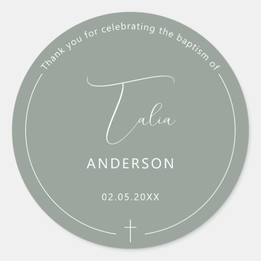 Minimalistische Taufe Einfaches Cross Sage Runder Aufkleber (Vorderseite)