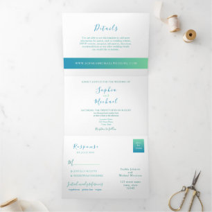 Minimalistische Teal-Foto-Hochzeit Dreifach Gefaltete Einladung