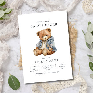 Minimalistische Teddybär-Baby-Party für Babyjungen Einladung