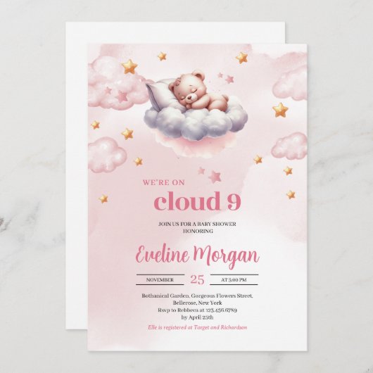 Minimalistische Teddybär-Wolke, neun Babydusche Einladung (Vorne/Hinten)