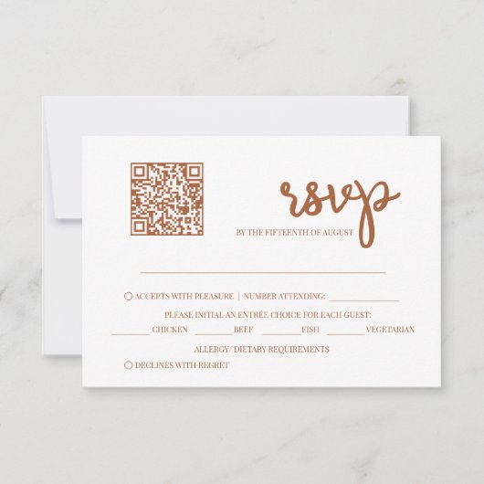 Minimalistische Terracotta QR Hochzeit RSVP Karte (Vorderseite)