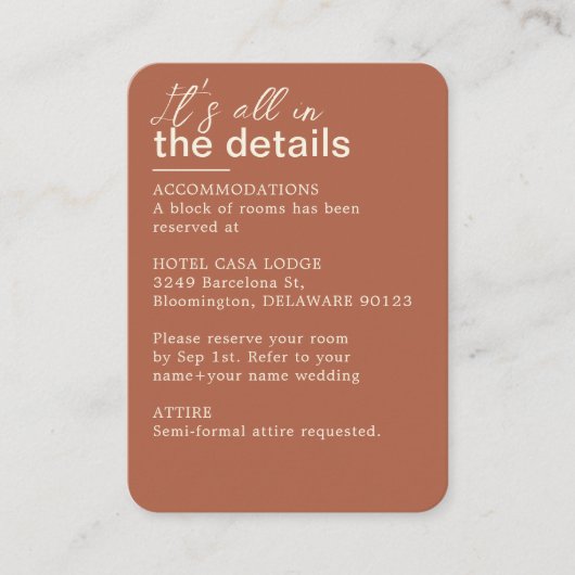 Minimalistische Terracotta-Rost-Hochzeitsdetails Begleitkarte (Vorderseite)