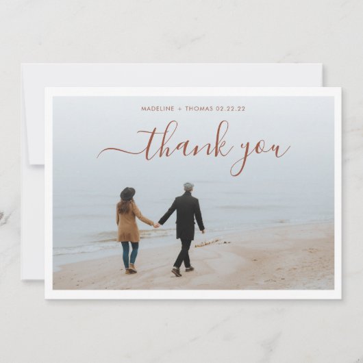 Minimalistische Terracotta Script mit 2 Fotos Hoch Dankeskarte (Vorderseite)