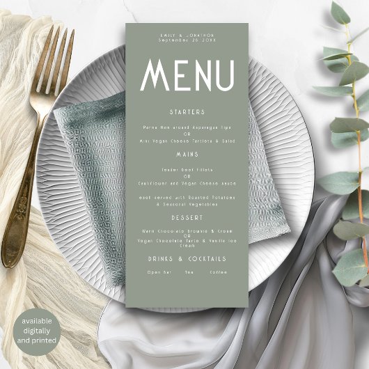 Minimalistische Text Sage Green Wedding Menu Karte