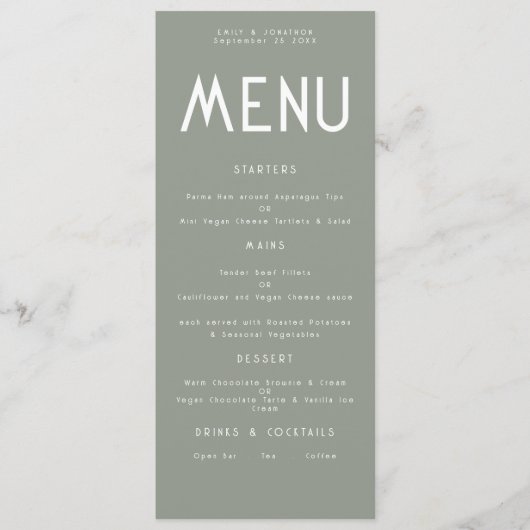 Minimalistische Text Sage Green Wedding Menu Karte (Vorderseite)