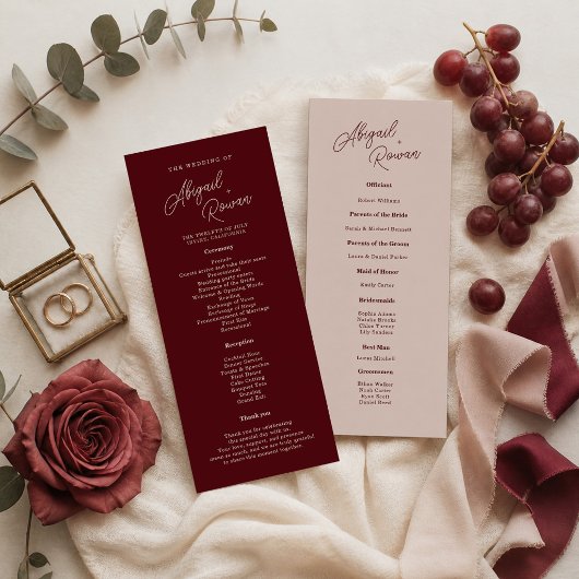 Minimalistische tiefe Wein-Hochzeitsprogrammkarte Einladung