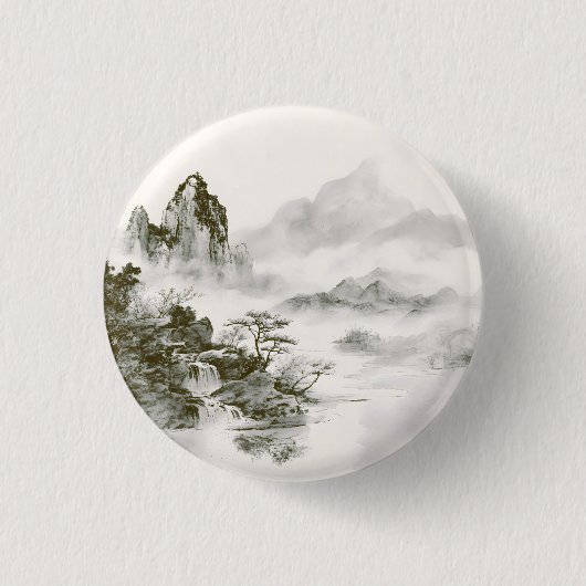 Minimalistische Tinte Neblige Zen-Berglandschaft Button (Vorderseite)