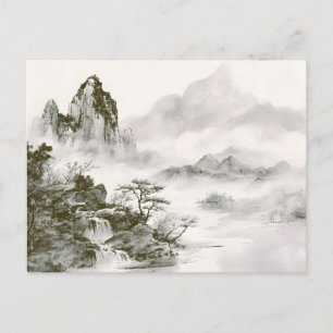 Minimalistische Tinten-Nebel-Zen-Berglandschaft Ankündigungspostkarte