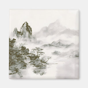 Minimalistische Tinten-Nebel-Zen-Berglandschaft Magnet