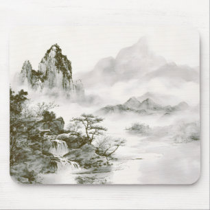 Minimalistische Tinten-Nebel-Zen-Berglandschaft Mousepad