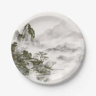Minimalistische Tinten-Nebel-Zen-Berglandschaft Pappteller