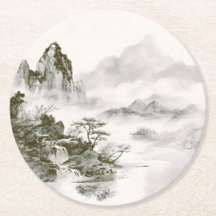 Minimalistische Tinten-Nebel-Zen-Berglandschaft Runder Pappuntersetzer