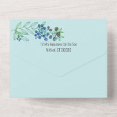 Minimalistische Top Blue Border Berry Leaf Wedding All In One Einladung (Rückseite)
