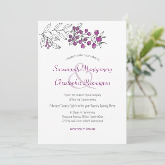 Minimalistische Top Border Berry Leaf Wedding Einladung (Stehend Vorderseite)