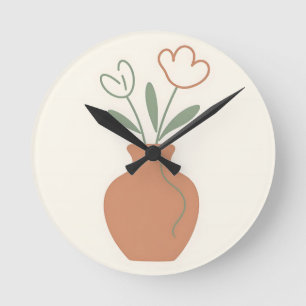Minimalistische Tulpenvase Linienkunst Runde Wanduhr