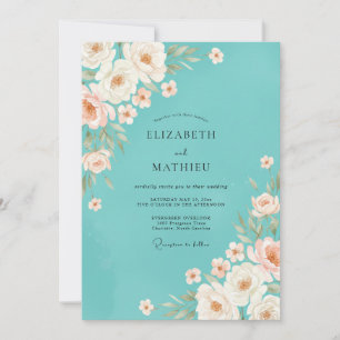 Minimalistische Türkis-Pfingstrosen-Hochzeit Einladung