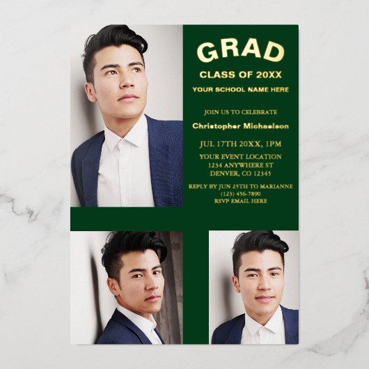 Minimalistische Typografie 3 Foto Abschluss Folieneinladung (Vorderseite)