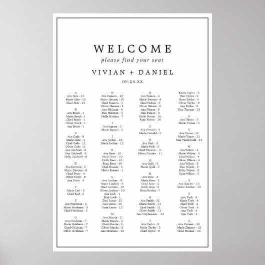 Minimalistische Typografie - Alphabetische Sitzkar Poster (Vorne)