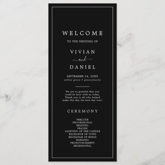 Minimalistische Typografie | Dark Black Wedding Pr Programm (Vorderseite)