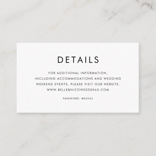 Minimalistische Typografie - Hochzeitsdetails in R Begleitkarte (Vorderseite)