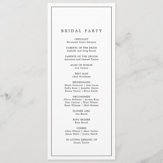 Minimalistische Typografie-Hochzeitsprogramm Programm (Rückseite)