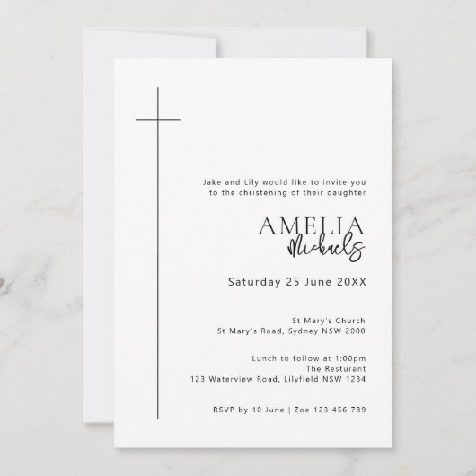 Minimalistische Typografie-Kreuzbogentaufe Einladung (Vorderseite)
