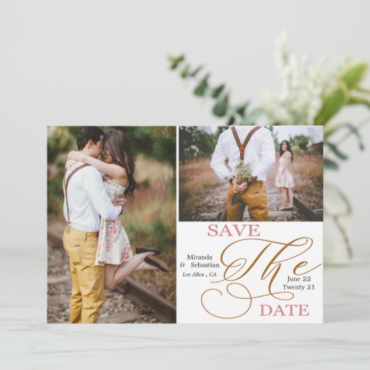 Minimalistische Typografie mit doppeltem Foto Save The Date (Stehend Vorderseite)