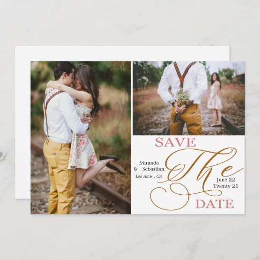 Minimalistische Typografie mit doppeltem Foto Save The Date (Vorne/Hinten)