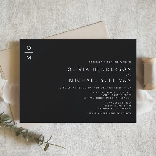 Minimalistische Typografie Monogram Black Wedding Einladung