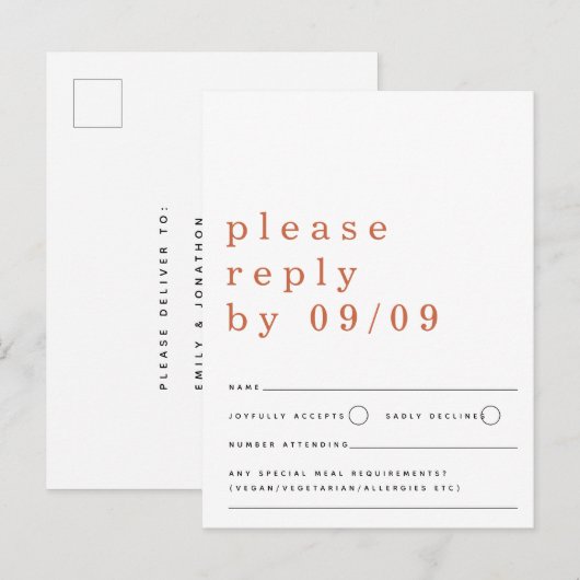 Minimalistische Typografie Terracotta Wedding RSVP Postkarte (Vorne/Hinten)