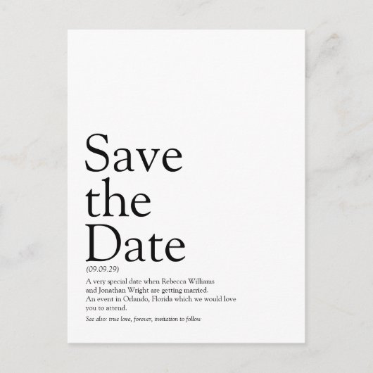 Minimalistische und elegante Save the Date Definit Postkarte (Vorderseite)